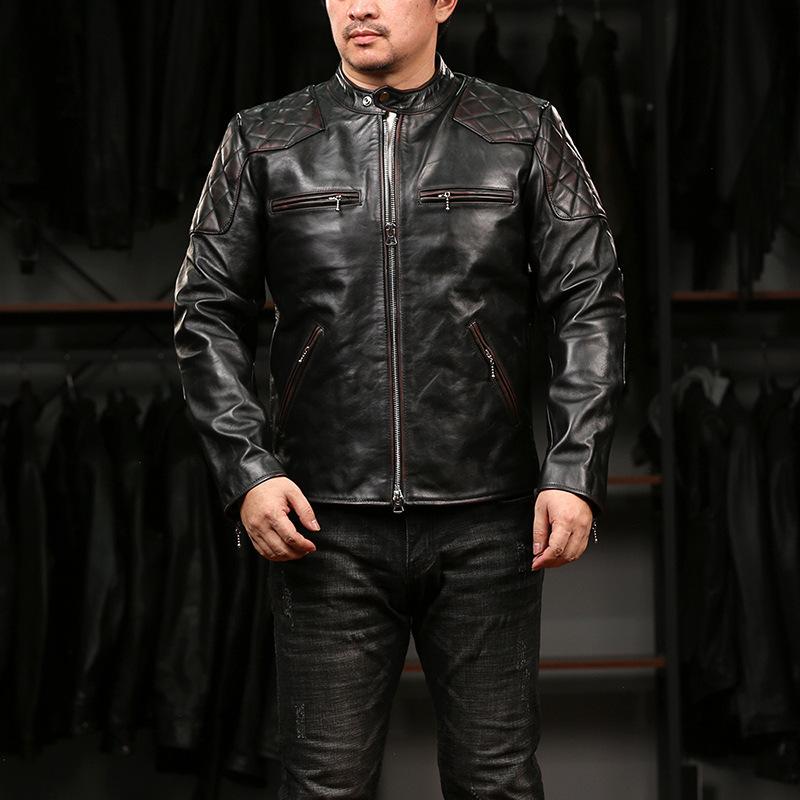 Beckham Beckham tea core cowhide leather jacket men's casual locomotive stand-up collar Ami Kaji leather jacket