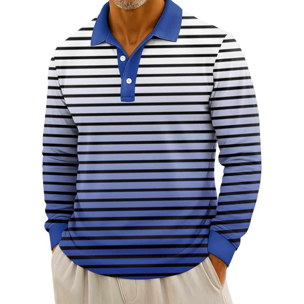 Men's Casual Striped Print Button-Up Long-Sleeve Tops