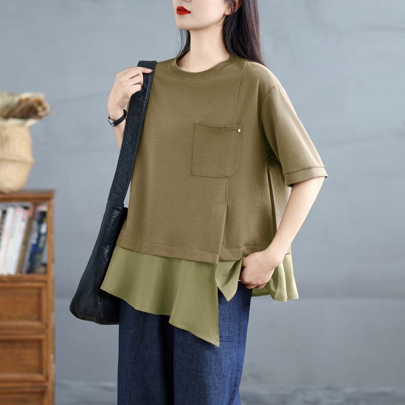 

Dimanaf 2025 Летние топы больших размеров из хлопка, однотонные асимметричные женские свободные футболки с коротким рукавом и круглым вырезом L дубильная кора