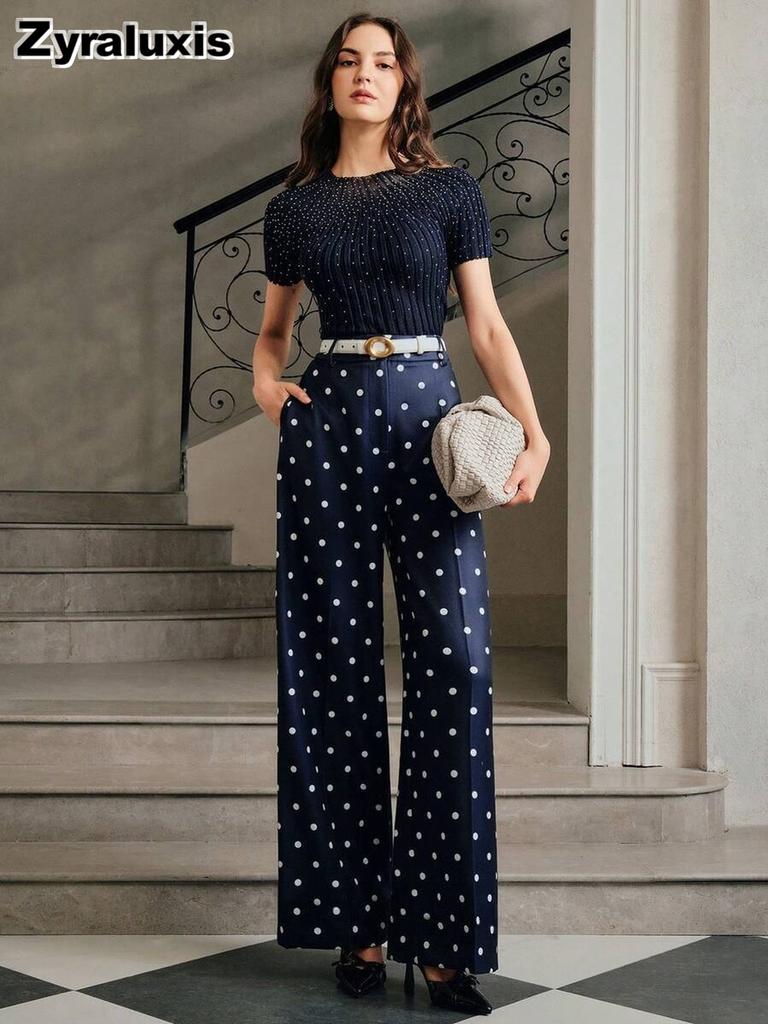 Wide Leg Pants for Women - Dot Casual High Waist Trousers