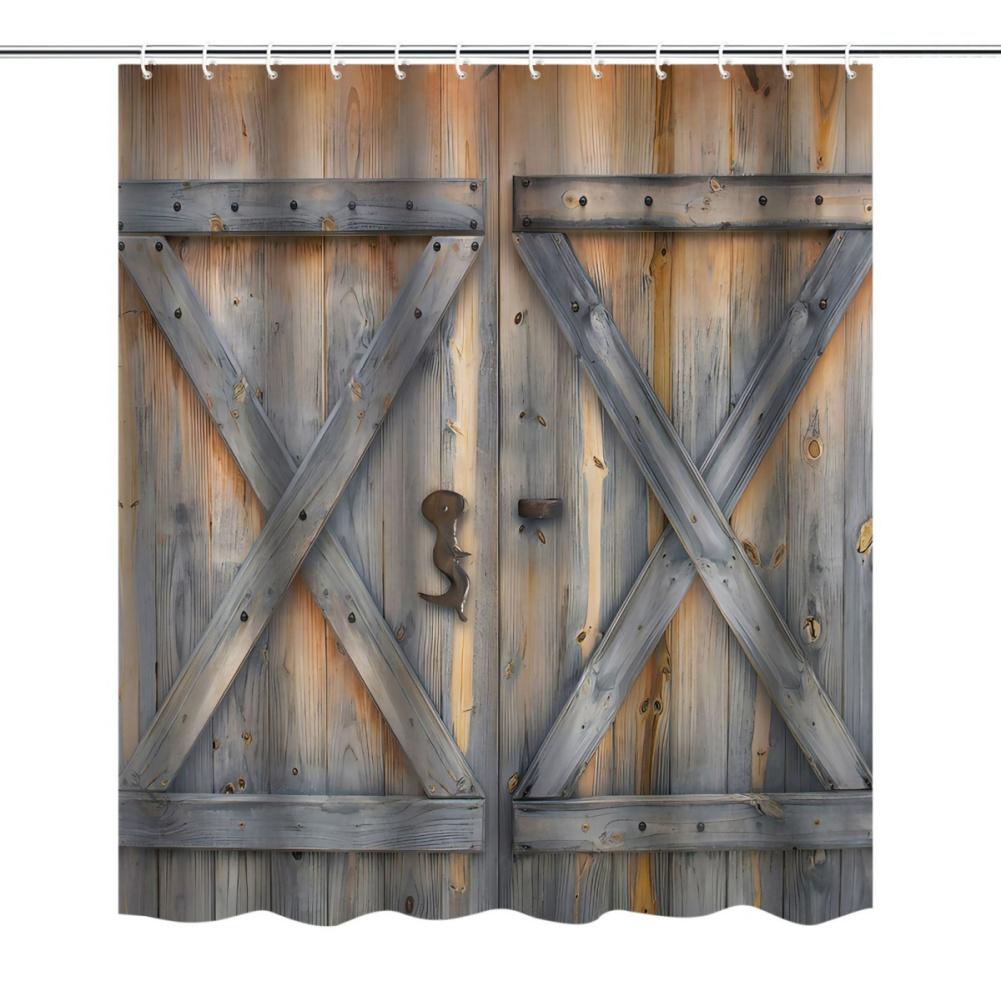 183*183cm Farmhouse Wooden Barn Door Style Shower Curtain Bathroom Curtain with Hooks