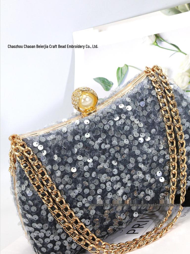 Pearl Sequin Crossbody Bag: Elegant European & American Style, Double Chain, Solid Color, Luxury Shoulder Evening Accessory