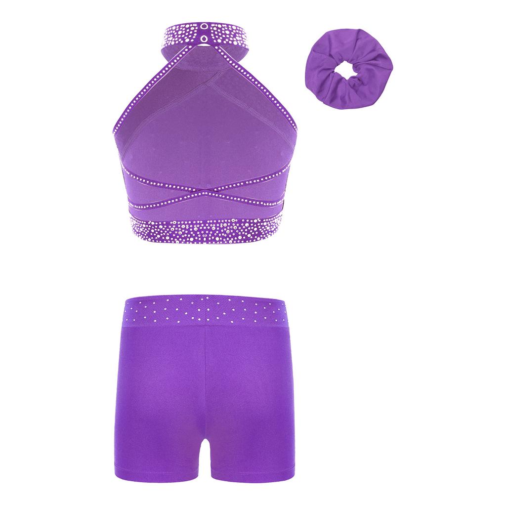 Mädchen Eiskunstlauf Kostüm Neckholder Ärmellos Rückenfrei Weste Strass Shorts Haarreif