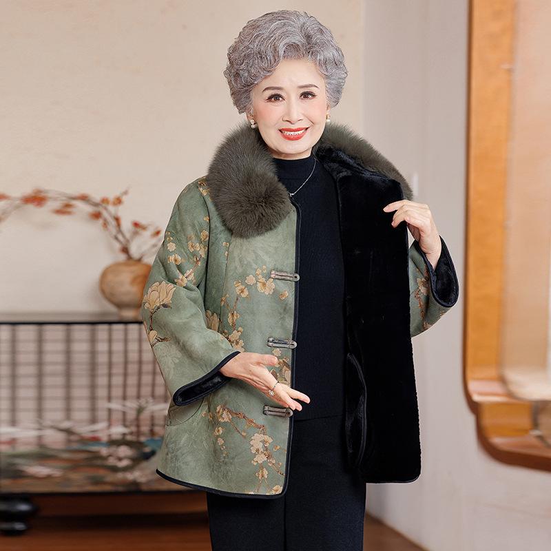 Chinese National Style Fur-Collared Winter Jacket for Middle-Aged and Elderly Women