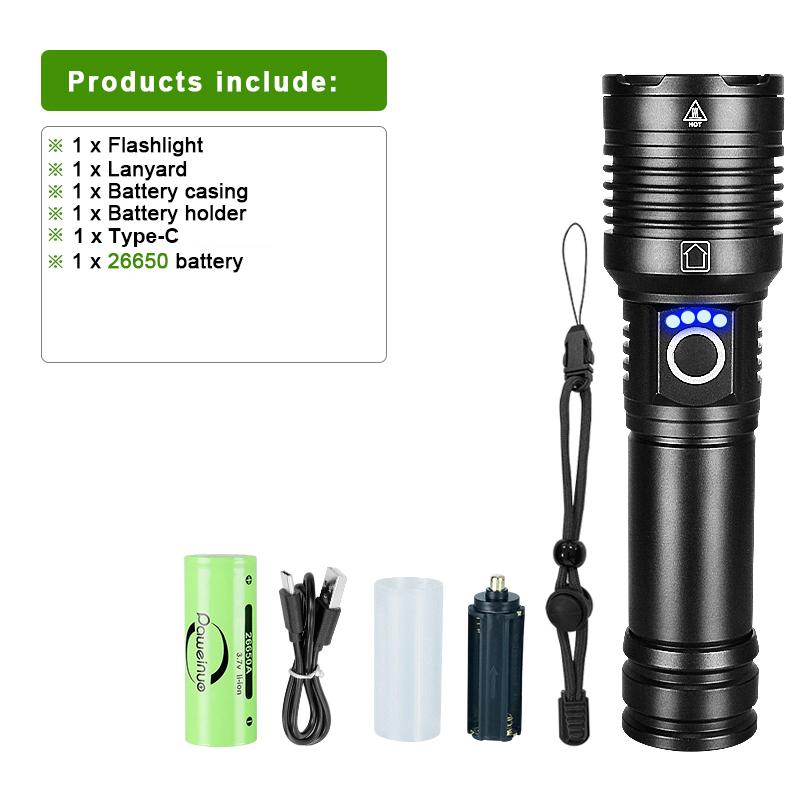 Ultra High Power XHP160 Rechargeable LED Flashlights, Outdoor High Power LED Lantern, 18650/26650 Battery Hand Torch 5 Modes 16-Cores XHP160 Lamp