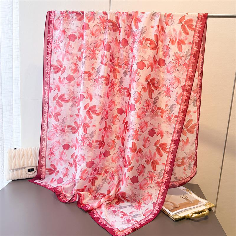 Spring And Summer Light Rhyme Floral Printing Simulation Silk Brocade Sunscreen Silk Scarf Long Scarf Shawl Versatile Headscarf Scarf