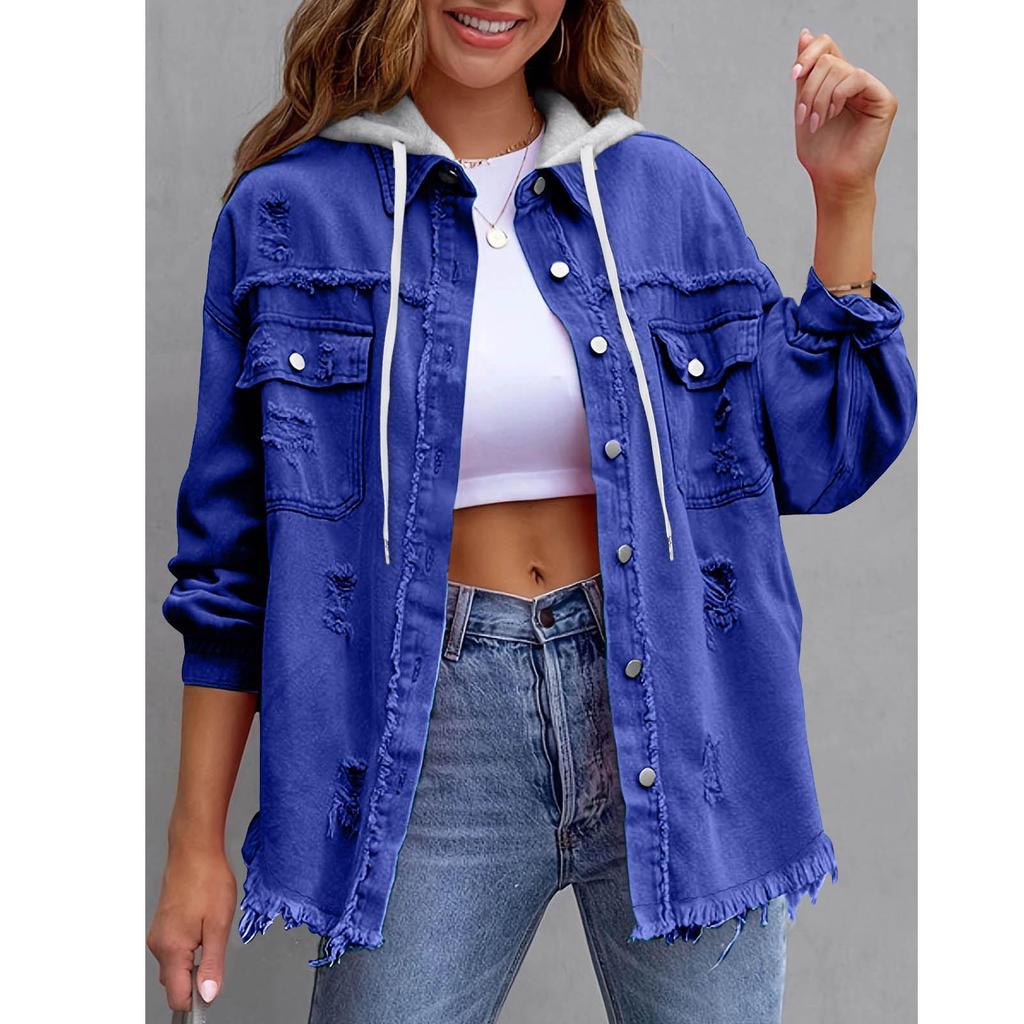 Trendig damjacka i denim, medellång, lös, fransad - Europeisk & Amerikansk Stil Mode Slag Casual Kläder