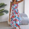 2025 European and American flowers lace up waist suspender skirt vacation beach dress women's backless design literary and retro style