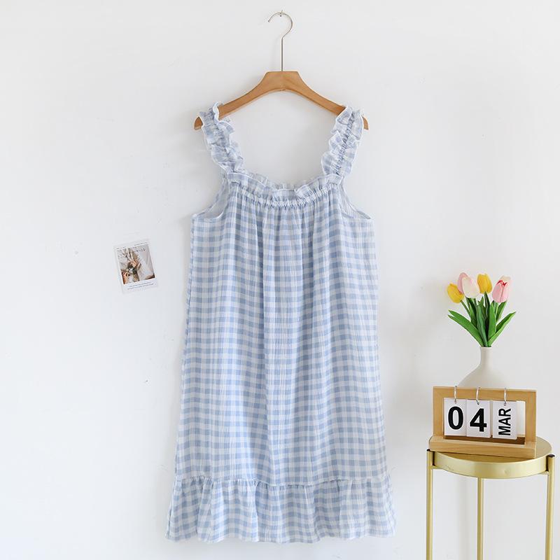 Ladies Summer Cotton Yarn Pure Cotton Thin Suspender Nightdress Loose Mid-length Sweet and Lovely Long Home Dress Sexy