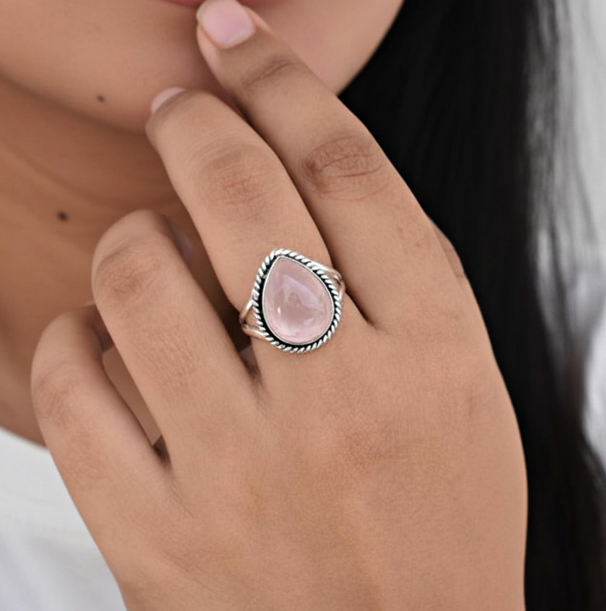 

Rose Quartz Pear Shape Statement Ring, 925 Sterling Silver, Minimalist Quartz Jewelry for Women 12 серебряный