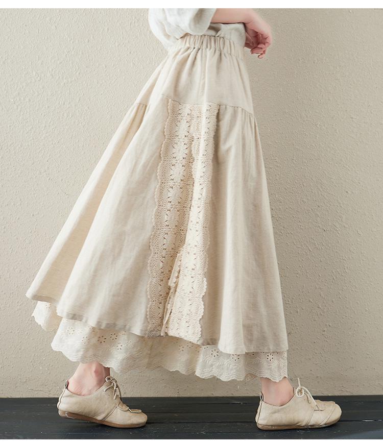 Japanese Mori Girl Linen Half Skirt: Women's Elastic Waist, Heavy Embroidery, Mid-Length A-Line Design.