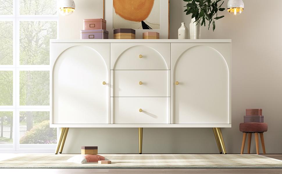 Chest of Drawers with 2 Doors and 3 Drawers, White Chest of Drawers, Adjustable Shelf, for Living Room Bedroom, Cream-White-H84/W140/D40 cm