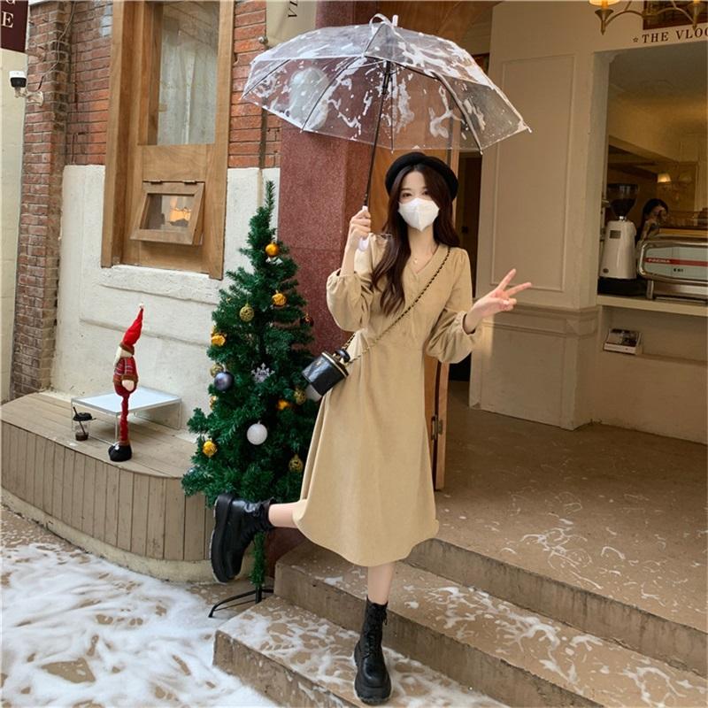 Women's V-Neck Long Sleeve Midi Dress Korean Style Solid Color A-Line Swing Dress Casual Elegant Button Down Dress For Spring Autumn