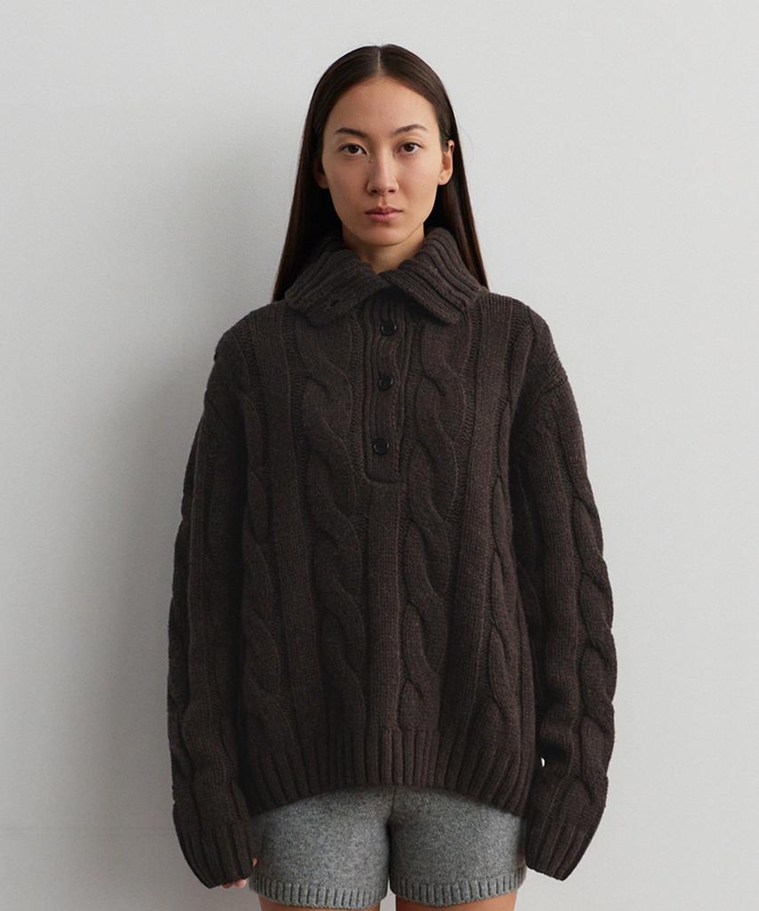 Mohe Cable Half Turtle Neck Button Knit _ Brown