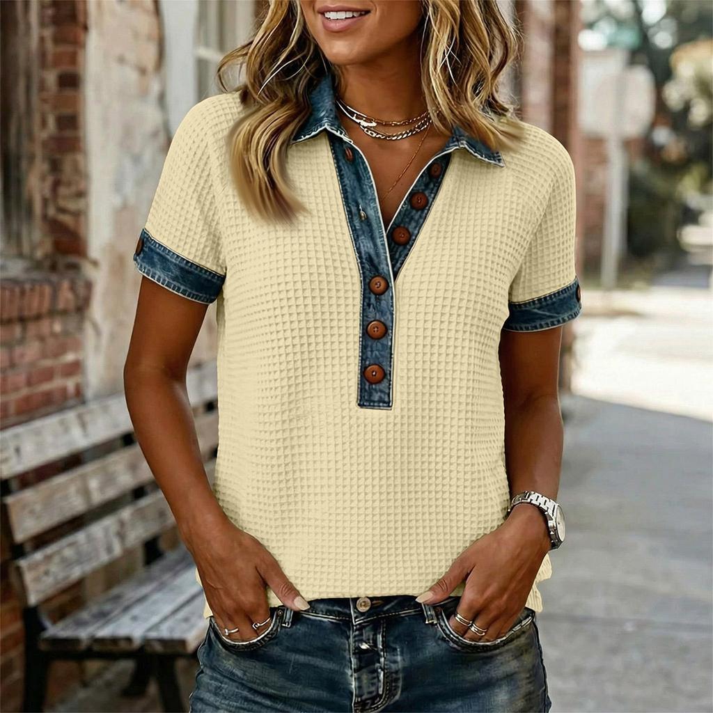 Modisches Lässiges Damen-Denim-Patchwork-Kurzarmtop