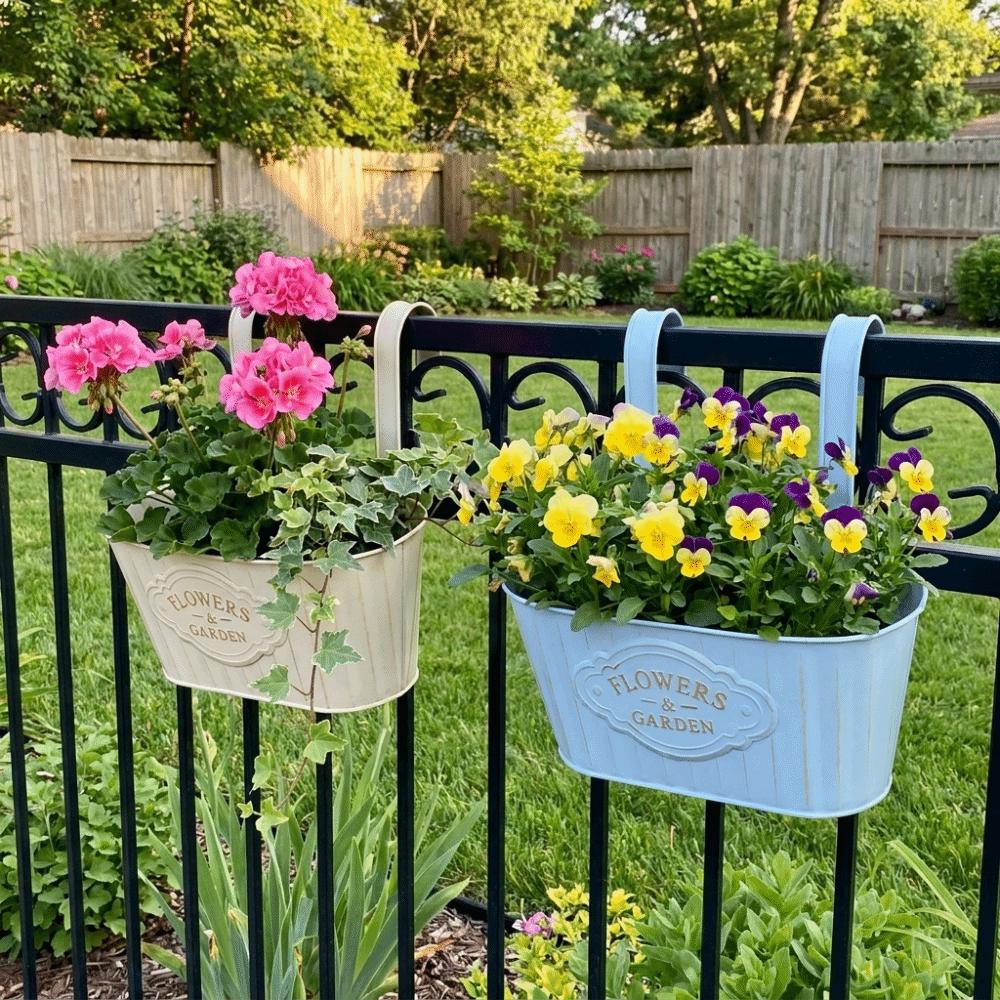 Drain Holes Over Fence Hanging Pots Dual Hooks Flower Holder Metal Flower Pot  Window