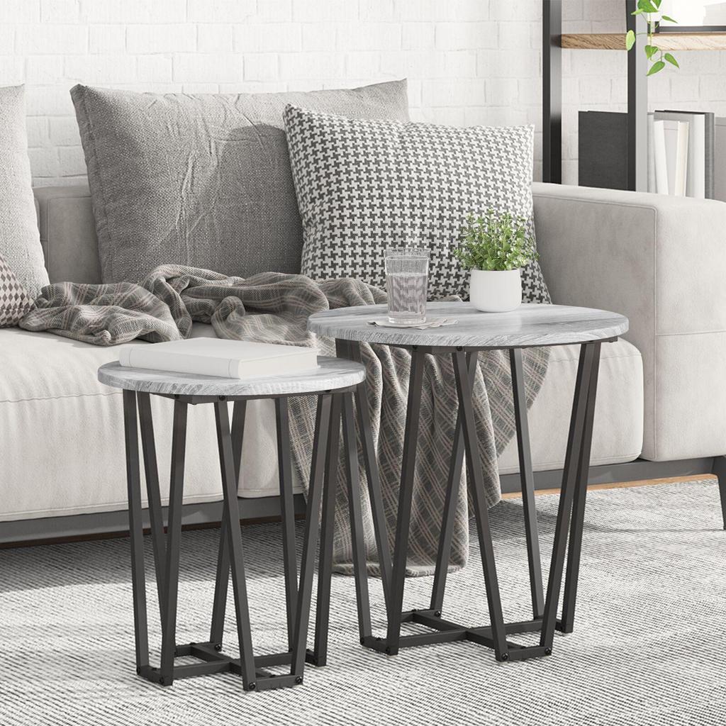 2-Piece round side table set, wooden coffee tables with metal frames, living room decoration table set