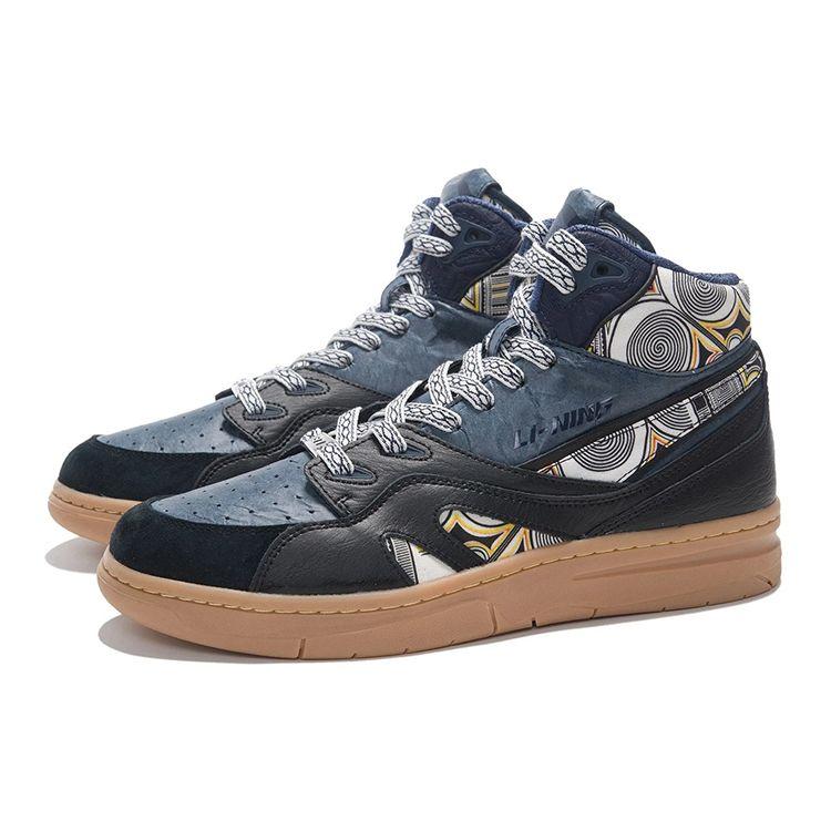 Li Ning 937 Fabric Leather Durable Lightweight Breathable High-Top Skate Shoes Men Skate Shoes Black Blue AZGS043-3