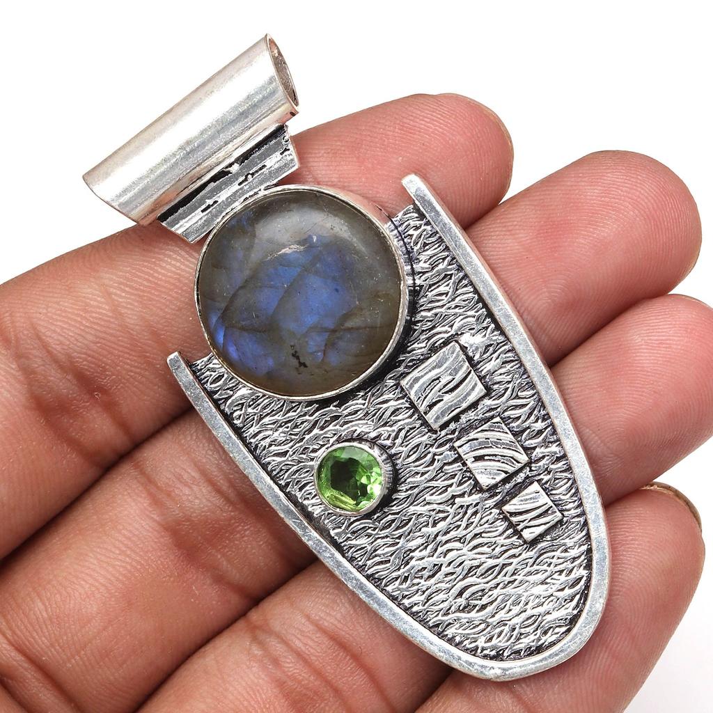 Pendant Silver Peridot Labradorite Gemstone Jewelry Sterling 2.5" Fiery