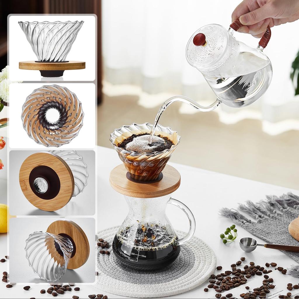 Pokaro Tea Coffee Paper Filter with Bamboo Cup Handmade Drip Coffee Coffee Present Dripper, Heat-Resistant Glass, Compatible, Stand, 1-4 Capacity,