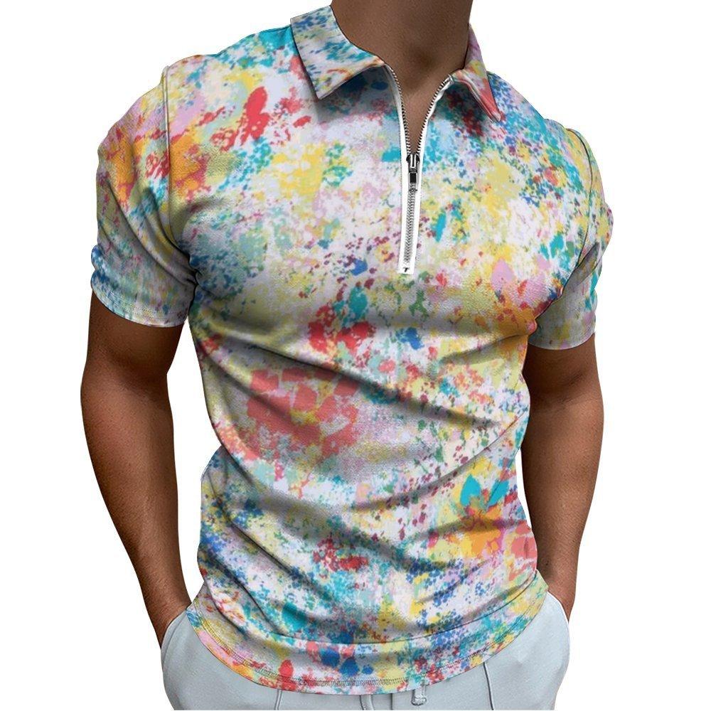 Vibrant Print Short Sleeve Zip Neck Polo, Casual Daily Top