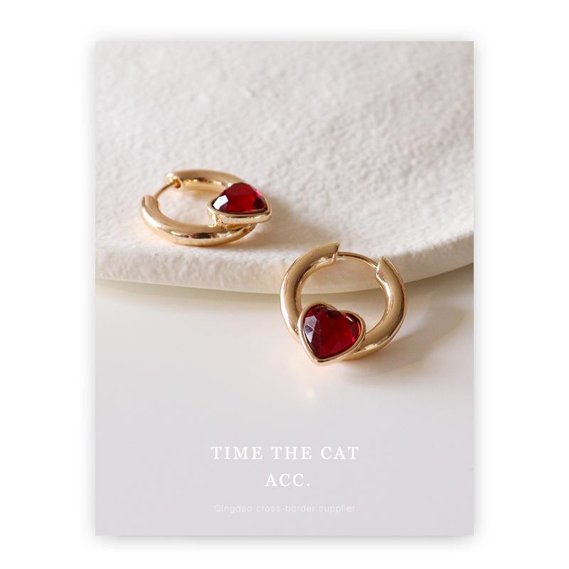 Copper Trendy Geometric Plated Gold Earrings With High Color Retention Red Glass Gemstone