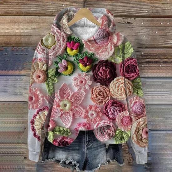 Damen Vintage Böhmischer Blumen-Hoodie Lässiges Langarm-Kapuzensweatshirt mit Tasche Übergroßer Blumen-Kunstdruck Pullover Tops