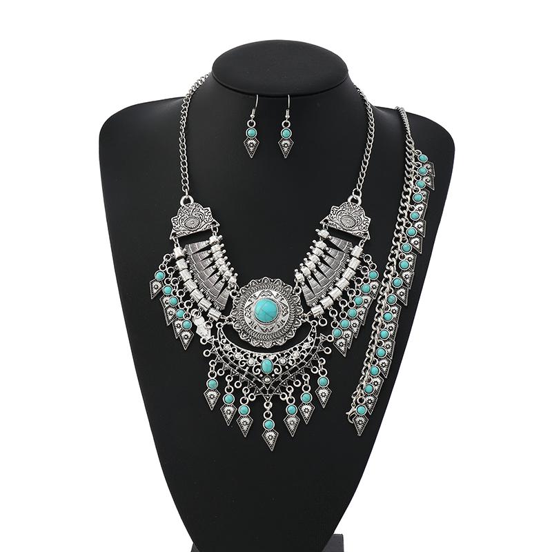 New 3-Piece Set Ethnic Retro Tassel Jewelry Set Sweater Chain Collar Chain Necklace Earrings Bracelet for Women