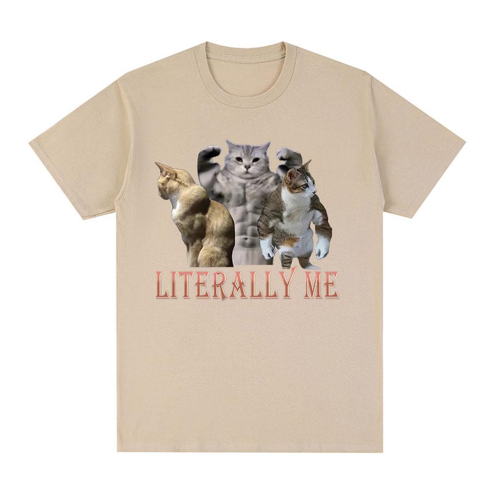 Buff Cats Meme Literally Me T-shirt Fitness Gym Men Fashion Hip Hop Short Sleeve Oversized T-shirts 100% Cotton Casual T Shirts