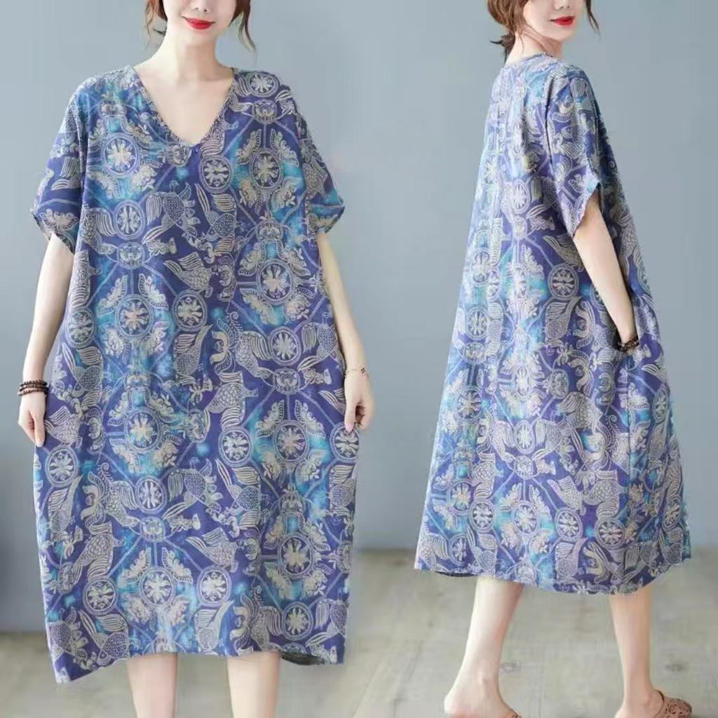 2026 new retro ethnic style summer new literary large size fat MM fattened large printed short-sleeved dress