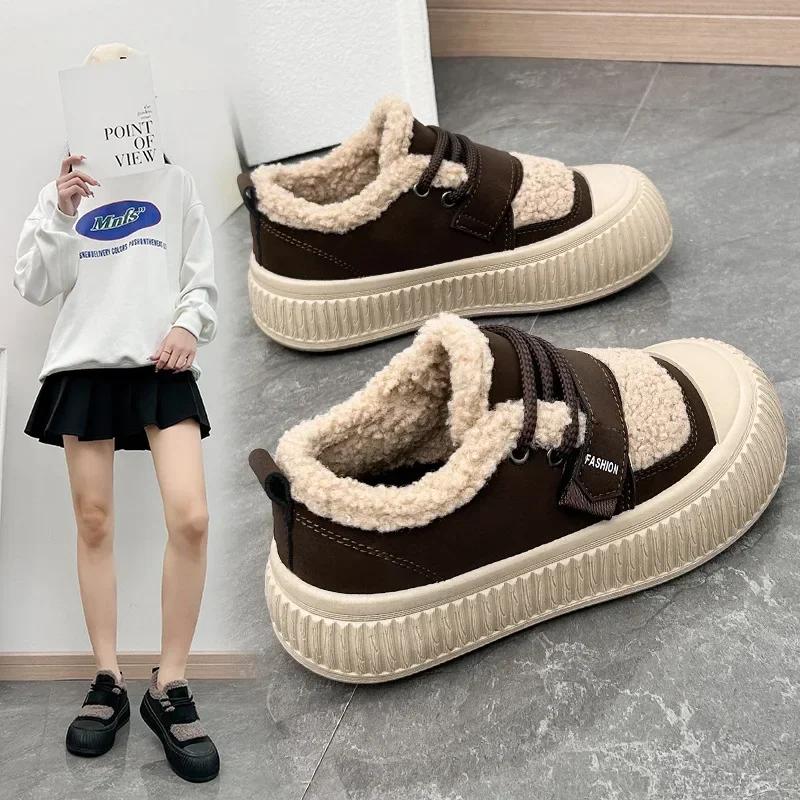 Fashion New Winter Warm Cotton Shoes for Women with Plush Lace Up Casual Sports Shoes, Fashionable Thick Soled Lightweight Cotton Shoes