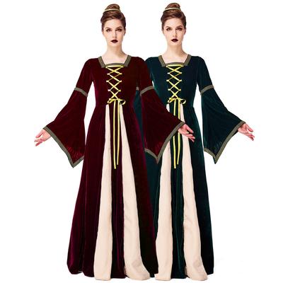 Adult Women Renaissance Retro Medieval Drama Stage Flare Sleeves Dress Gown Halloween Cosplay Costumes Role Play Outfit