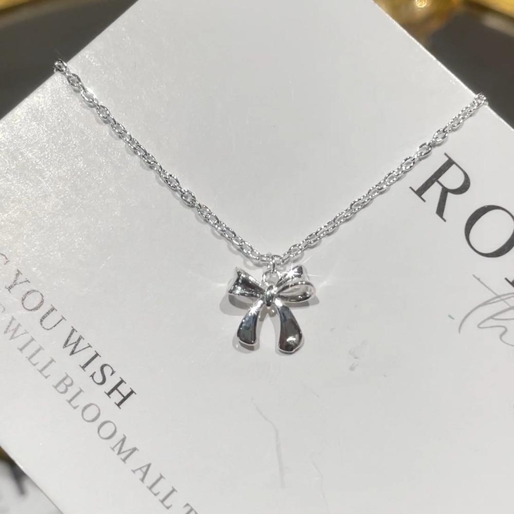 Korean Simple Sterling Silver Bowknot Pendant Necklace for Women Sweet Collar Chain Valentine's Day Gift Jewelry Accessories