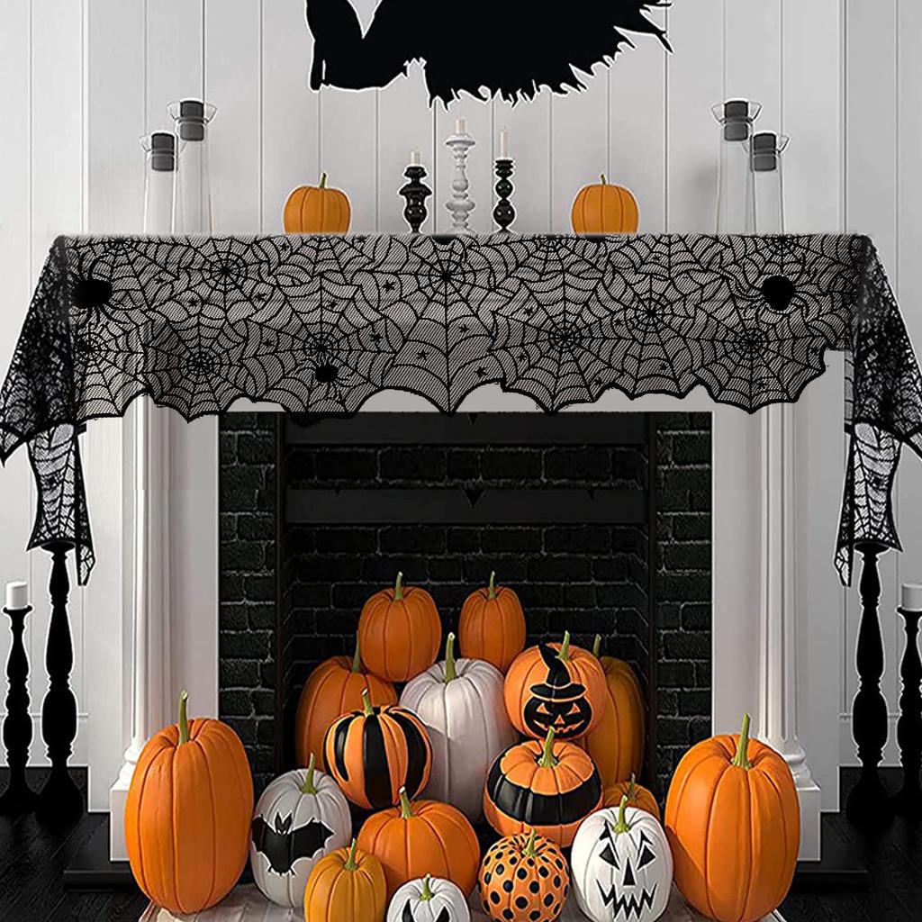 Halloween Tischläufer Spitze Spinnennetz Design mit Fledermaus- und Spinnenmustern 46x183cm Tischdecken-Dekoration für Party und Zuhause