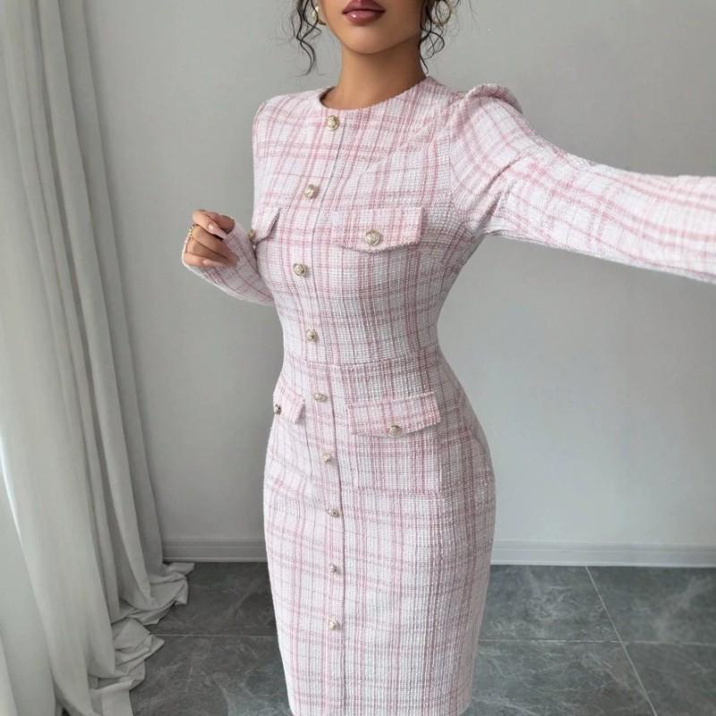 2026 Womens Pink Slim Fit Elegant Dress Square Neck Long Sleeve A Line Mini