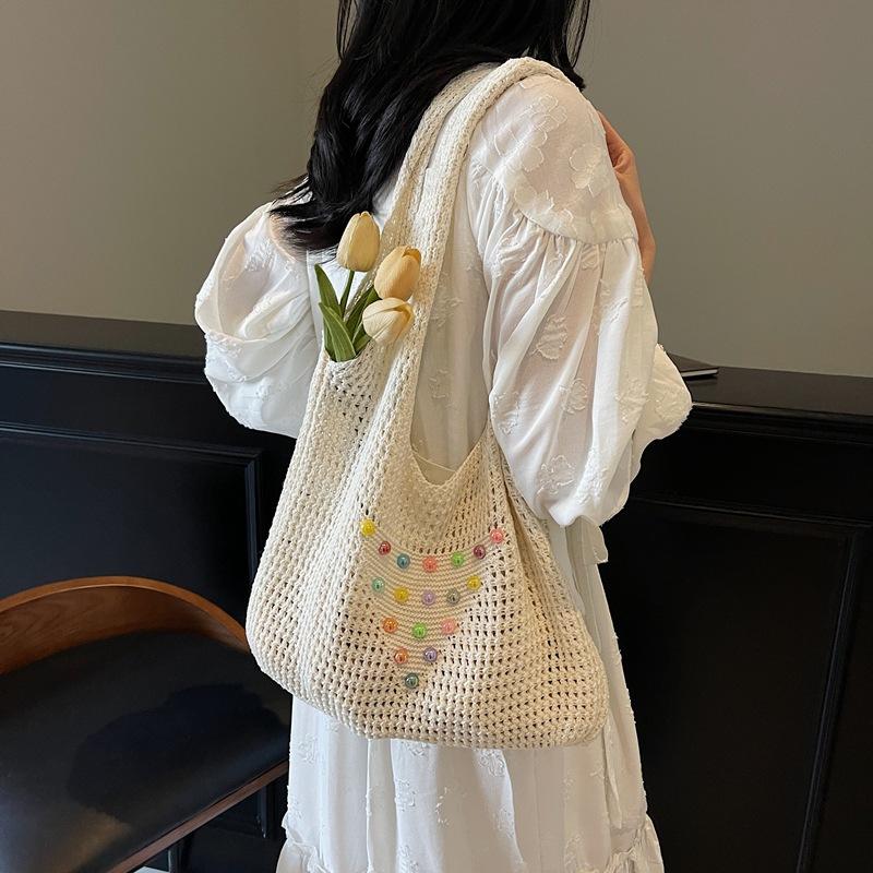 Seaside Commuter Shoulder Tote Bag Vacation Woven Bag Women's Summer Colored Pearl Hollow Large Capacity Underarm Bag Women