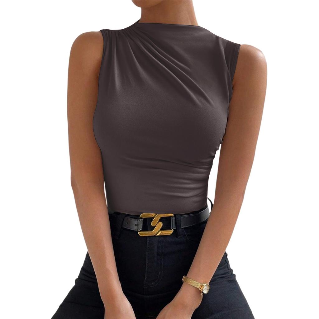Sleeveless Tops For Women Casual Mock Neck Slim Fitted Ruched Shirts High Neck Summer Shirt Tops