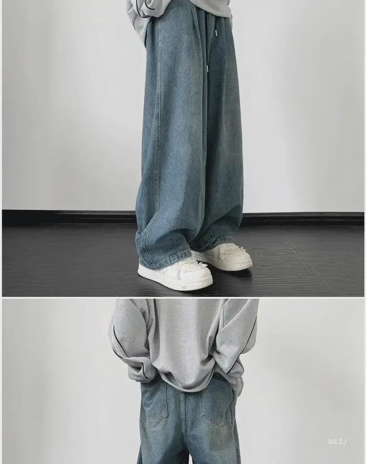 Men's Retro Washed Distressed Wide-Leg Jeans - American Trend