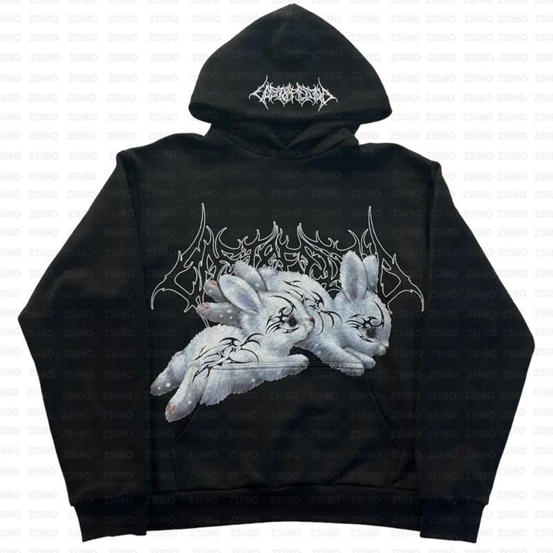 American Cartoon Rabbit Print Gothic Hoodie Trendy Streetwear Pullover Sweatshirt Women