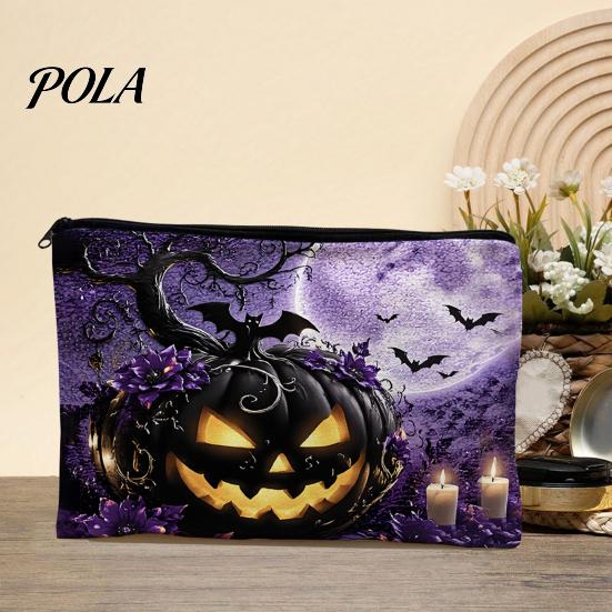 Washable Storage Pouch Bag, with Halloween Pattern Print, Smooth Zipper Durable Canvas Dust-proof Container Organizer, Portable Stationery Case,
