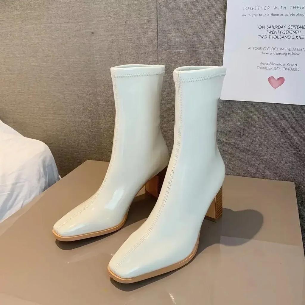 Women Patent Leather White Ankle Boots Women Autumn Fashion Slip On High Heels Boot Woman Pointed Toe Thick Heeled Short Booties