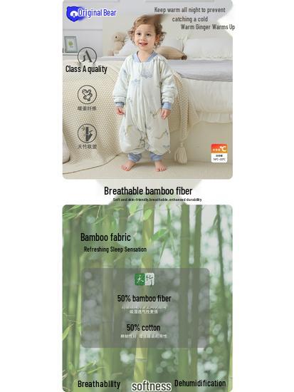 Infant Split-Leg Warm Bamboo Cotton Sleeping Bag - Anti-Kick, Lightweight, Ideal for Spring/Autumn, Ginger Color