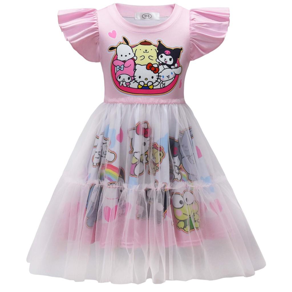 98027 Kids Girls Kitty Kuromi Print Round Neck Mesh Dress 110 розовый