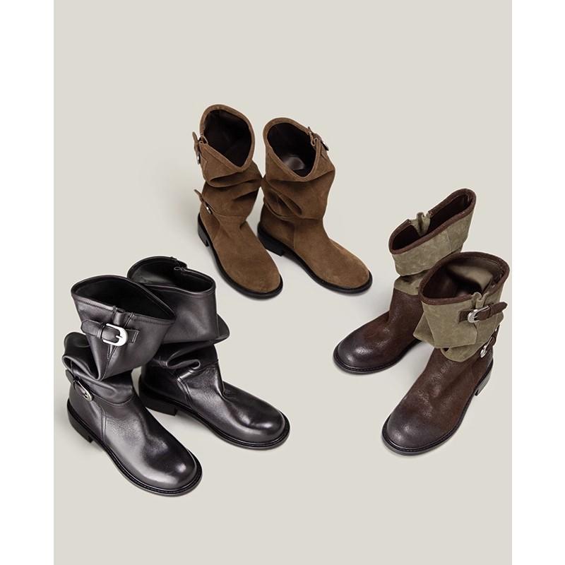 2025 nowy oryginalny design retro metalowa klamra okrągły nosek długie cholewki buty do zakładania gruby obcas trend rycerski buty za kostkę