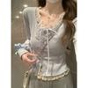 Lace stitching sweet fake two-piece long-sleeved T-shirt women's autumn small man Korean version pure desire single-breasted design top