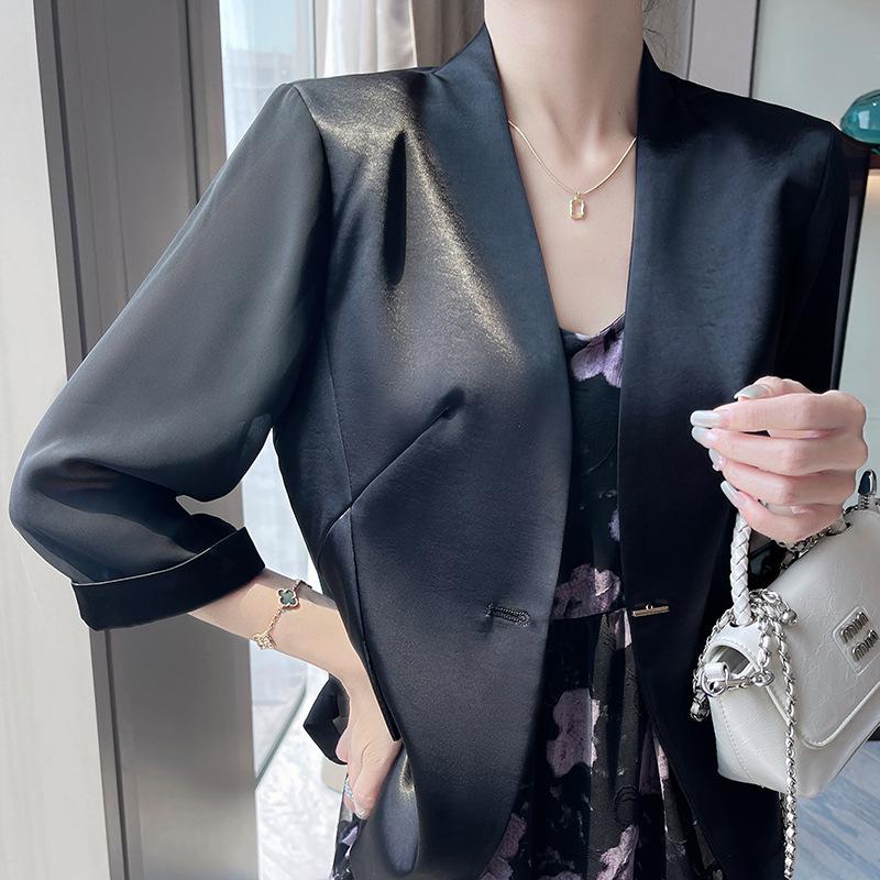 Стильный женский профессиональный пиджак с семью рукавами из атласного ацетата с золотым покрытием L чёрный