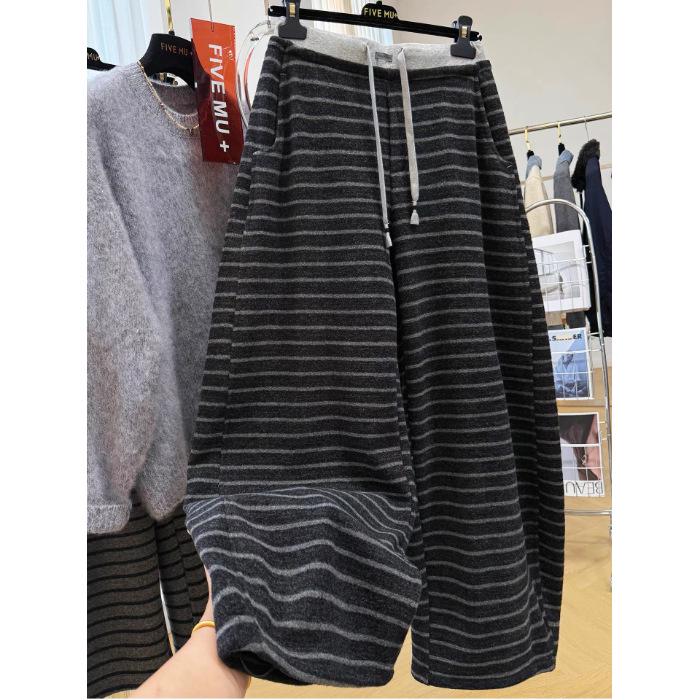 

Women s Winter Striped Wide-Leg Pants with Adjustable Hem - Plus Velvet Thickness, Versatile 2-Way Wear L