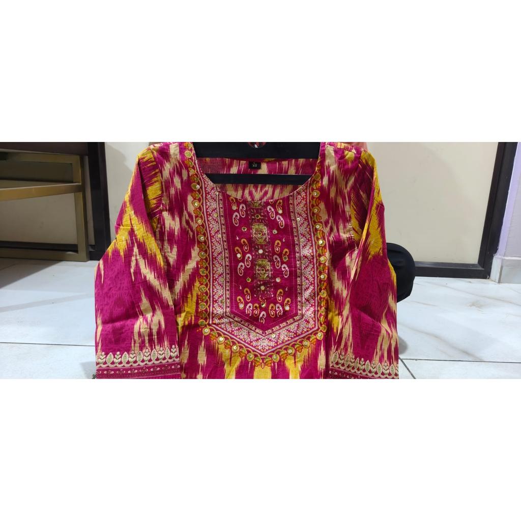 Set Kurta Top Lavorazione Specchio Cotone Pesante Set Kurti Pantaloni Dupatta Indiano Bollywood