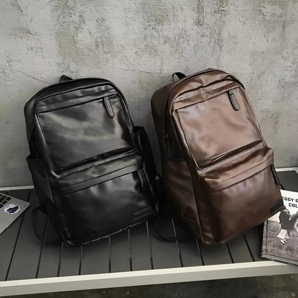 Men Laptop Backpack Large Leather Waterproof Travel Rucksack School Black Bag Soft New Adjustable Straps Leather Backpacks