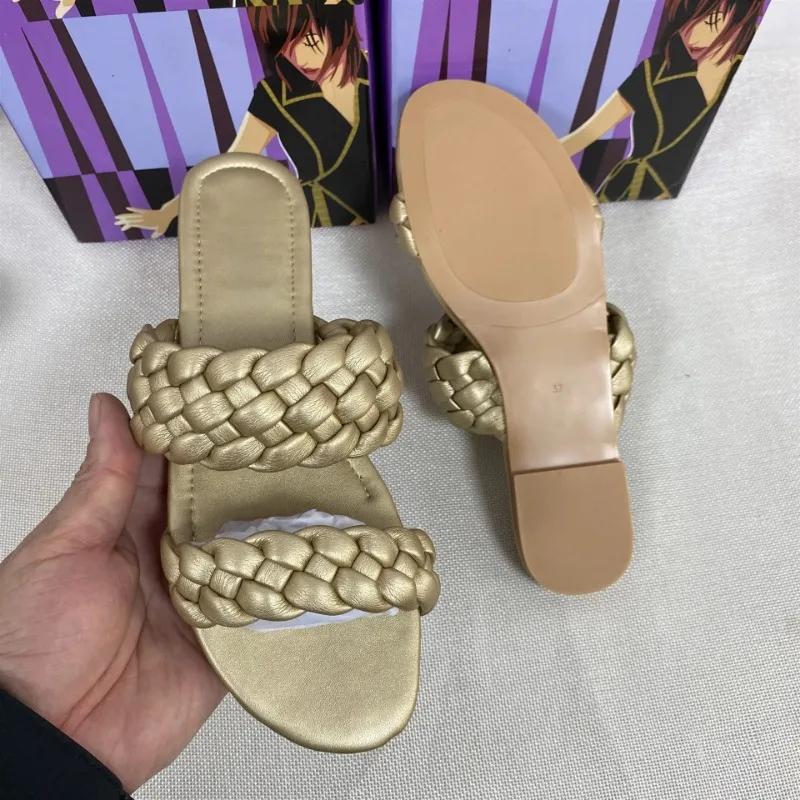 Fashion Summer Double Braid Modern Sandals Women 2025 New Flat Slides Leather Fashion Casual Slip on Woman Outdoor Beach Shoes